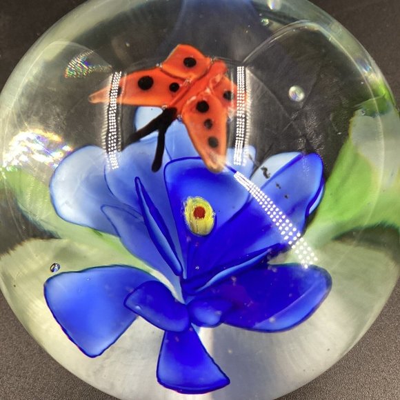 LSArts Art Glass Paperweight Blue with Red butterfly  Paper Weight - Picture 2 of 9